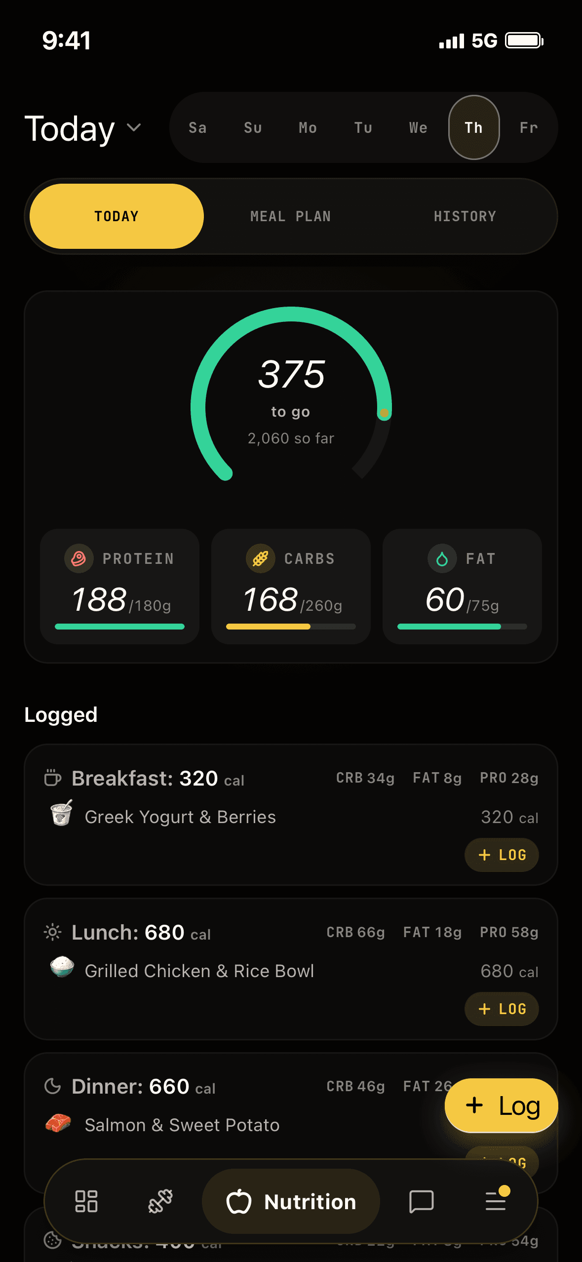 Daily macro targets tracked automatically from logged meals