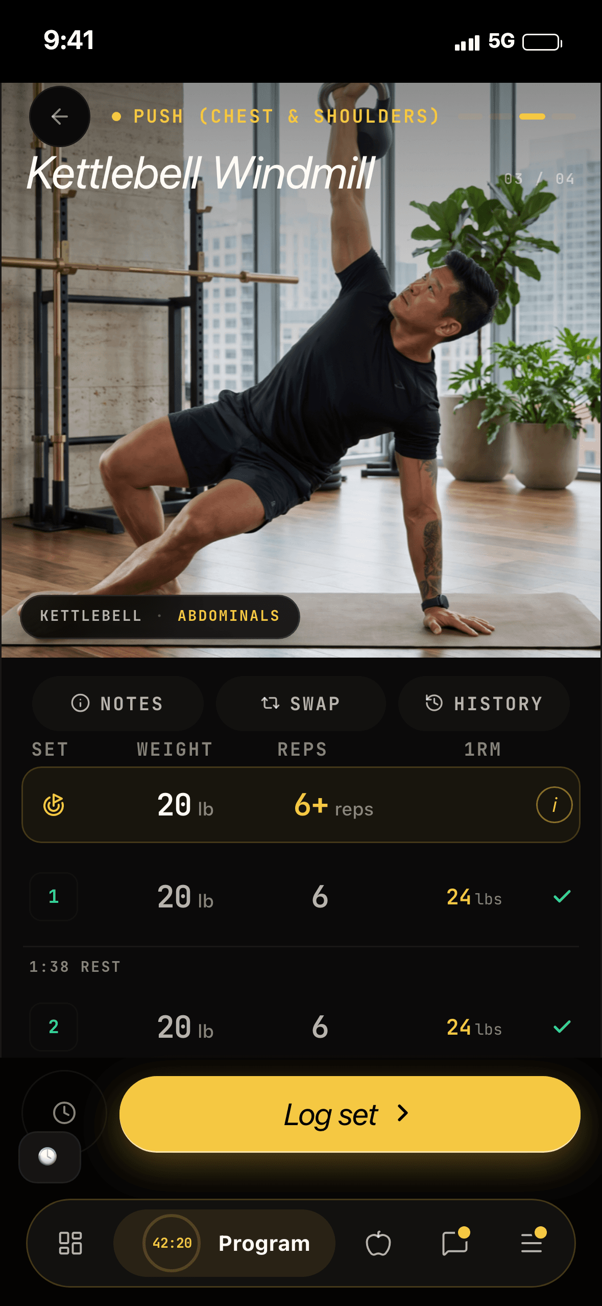 Live workout set with the creator demonstrating and the coach's prescribed weight, one tap to log