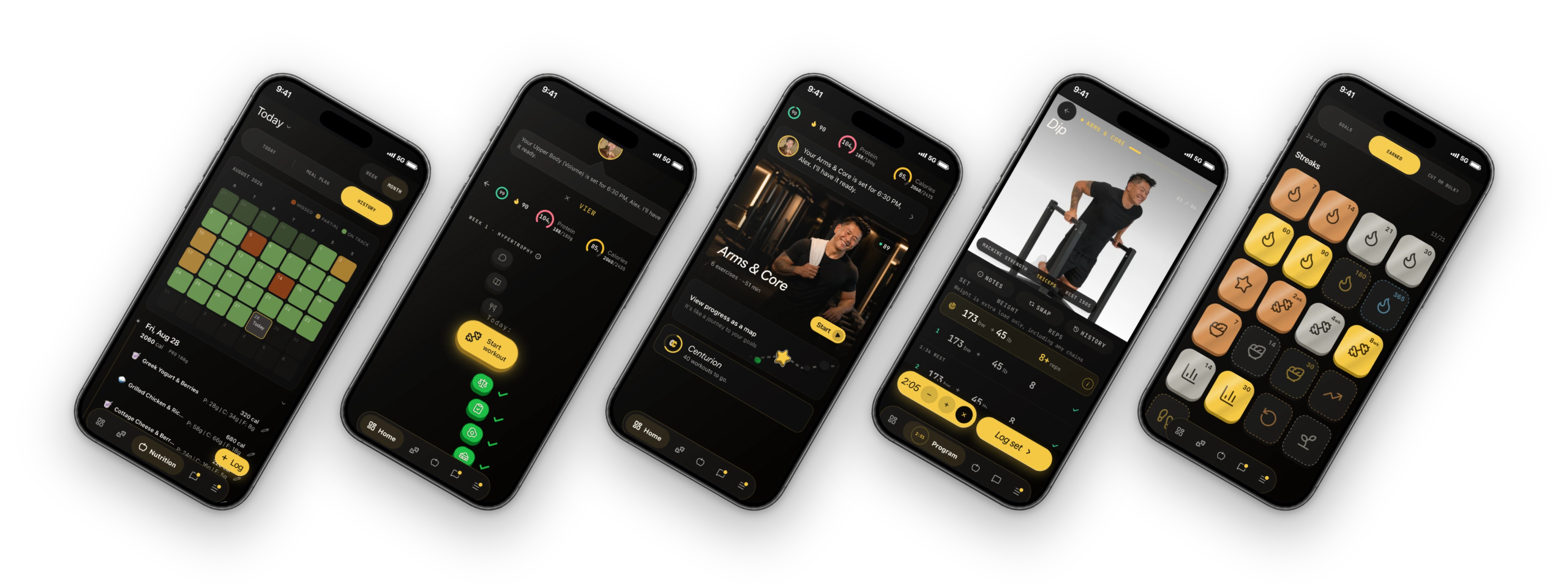 Five app screens in a row: a month of meals as a calendar, the program as a map, today's session on the coach's card, a set being logged mid-session, and the badge cabinet