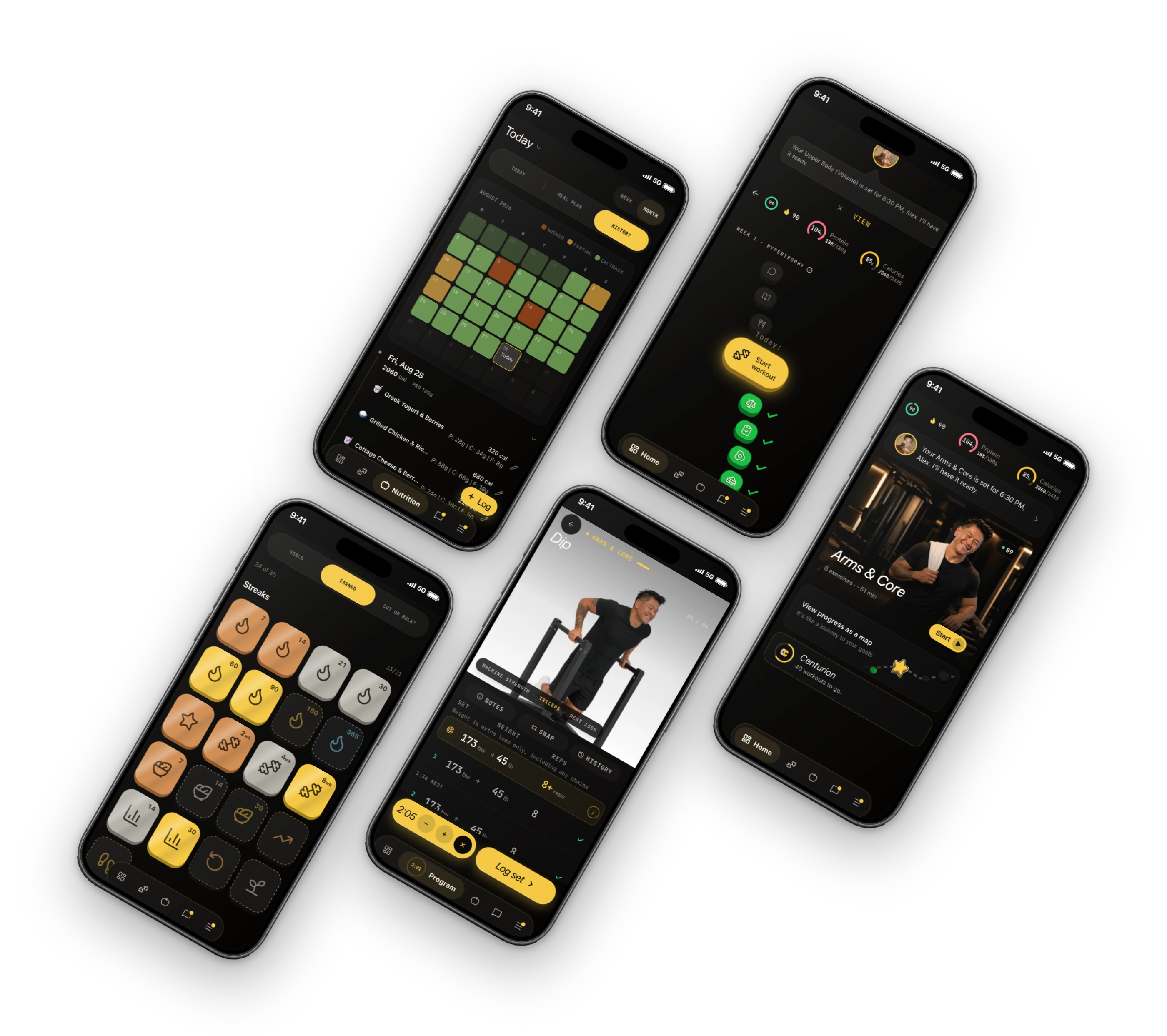 Five app screens: a month of meals as a calendar, the badge cabinet, the program as a map, a set being logged mid-session, and today's session on the coach's card